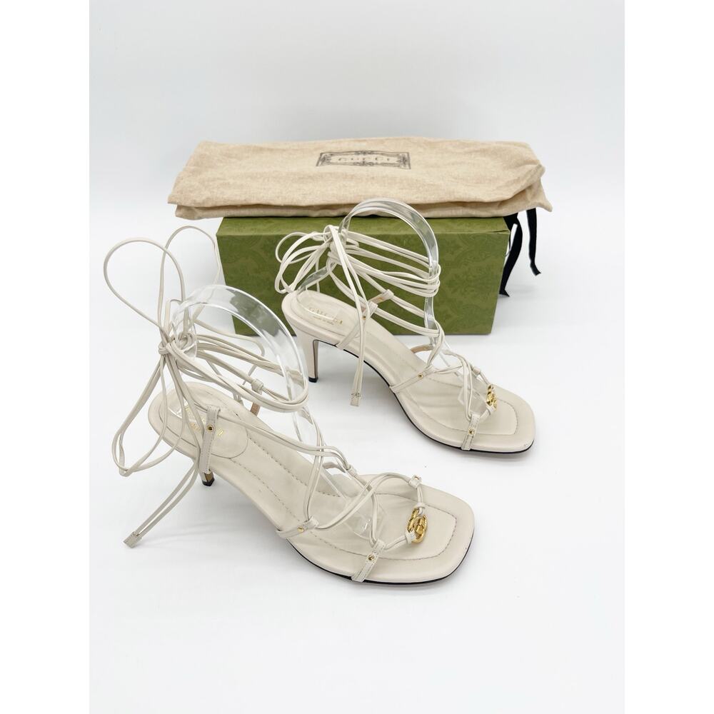 Gucci White Leather Interlocking G Lace Up Square Toe High Heel Sandals IT 37.5